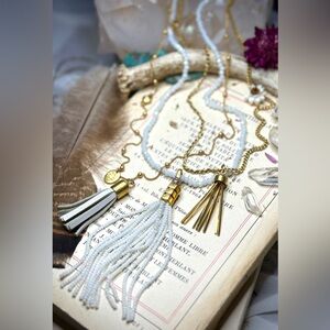 Henri Bendel Gold Tone and White Crystal Beaded 3 Strand Tassel Necklace